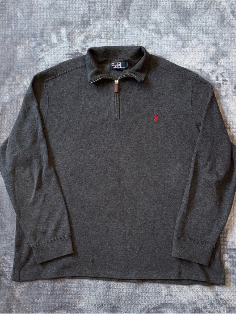 VTG Polo Ralph Lauren Mens XL Dark Gray Red Logo Quarter Zip Sweater 100% Cotton